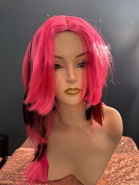 Hot Pink & Black Layered Synthetic Wig for Women - Bold Fashion Statement
